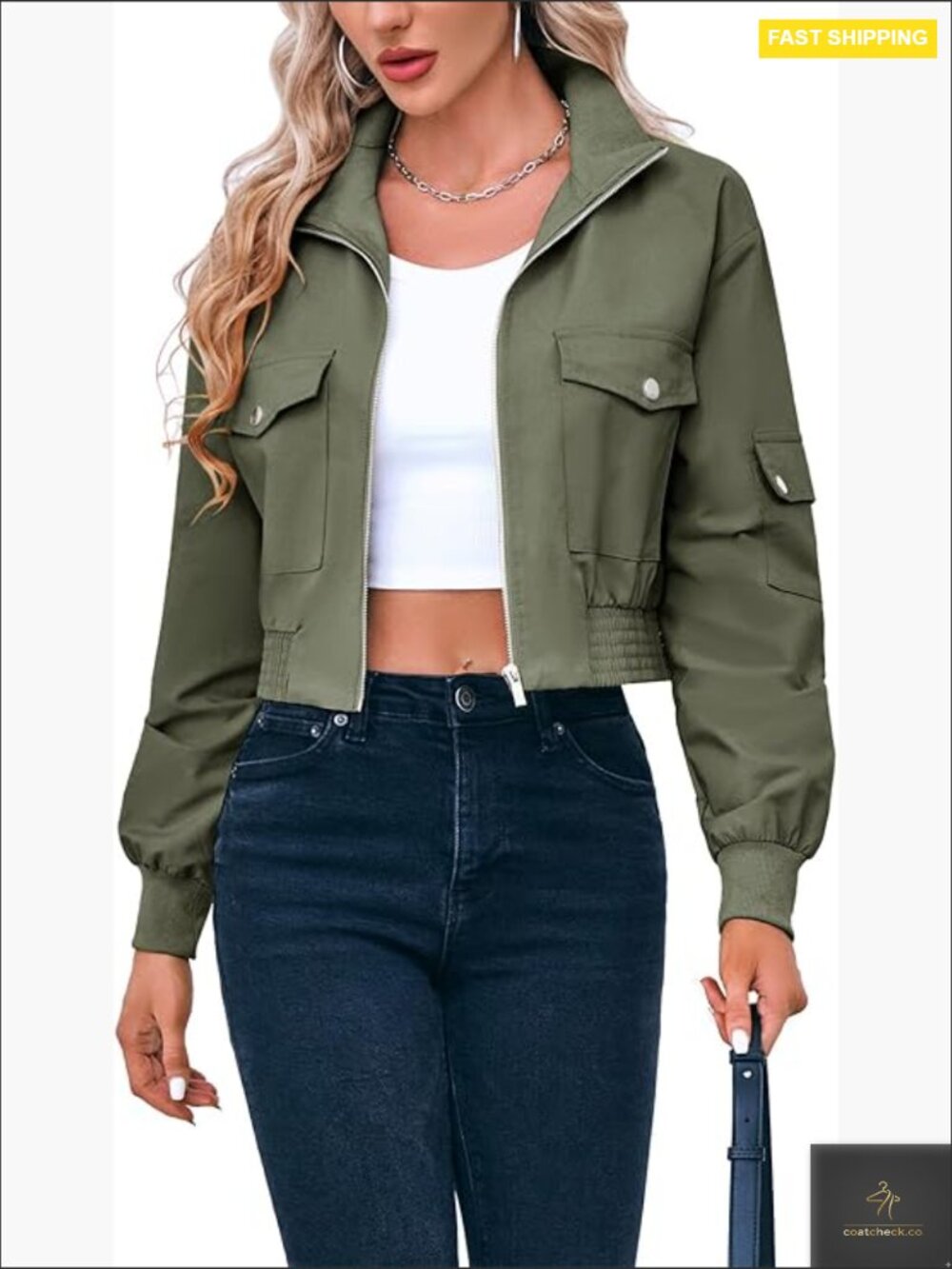 Cropped Bomber Jacket Lightweight Polyester Casual Zip Up Stand Collar Y2k